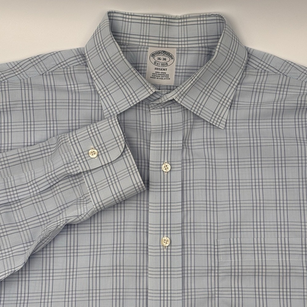 Brooks Brothers Regent Dress Shirt Mens 16 36 Blue Plaid Non Iron Supima Cotton
